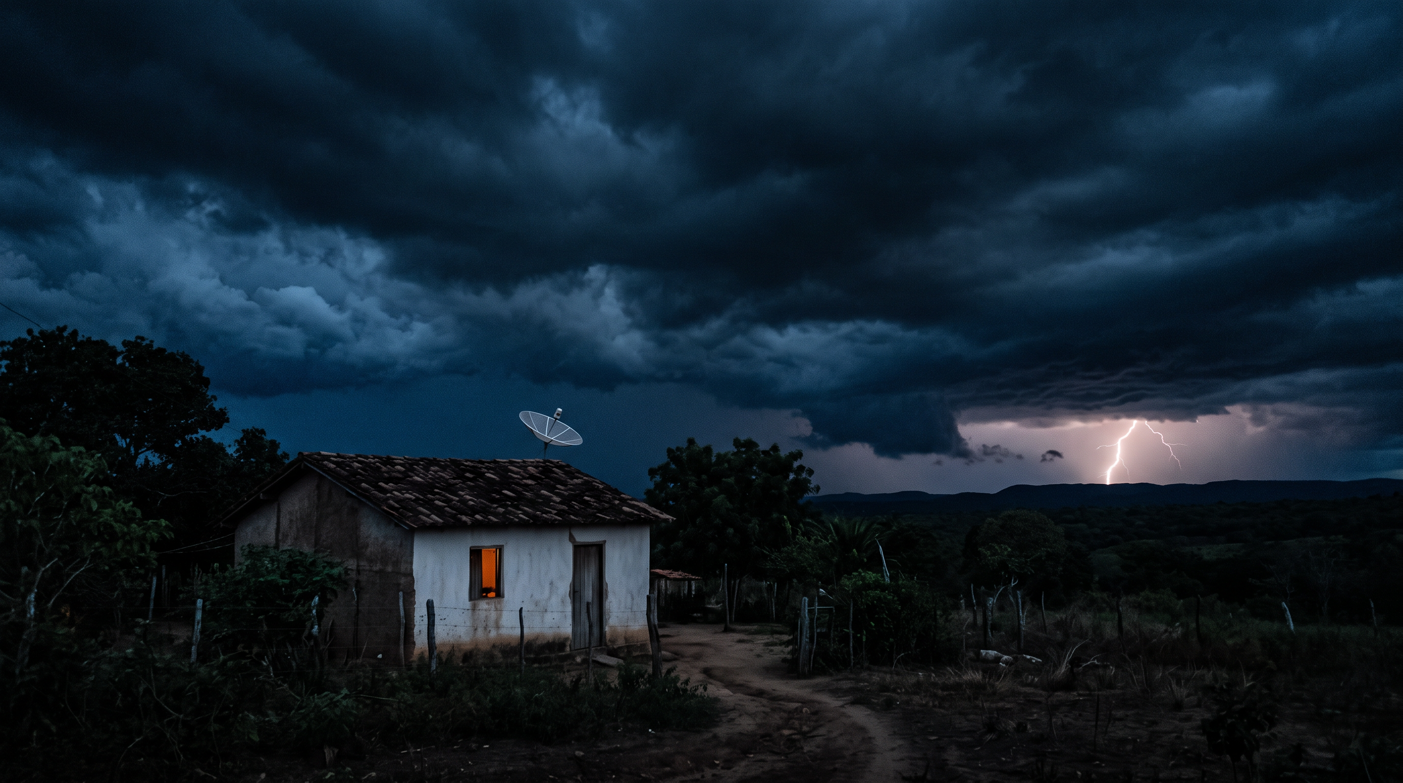 Casa no interior com antena Starlink Mini no telhado sob céu de tempestade