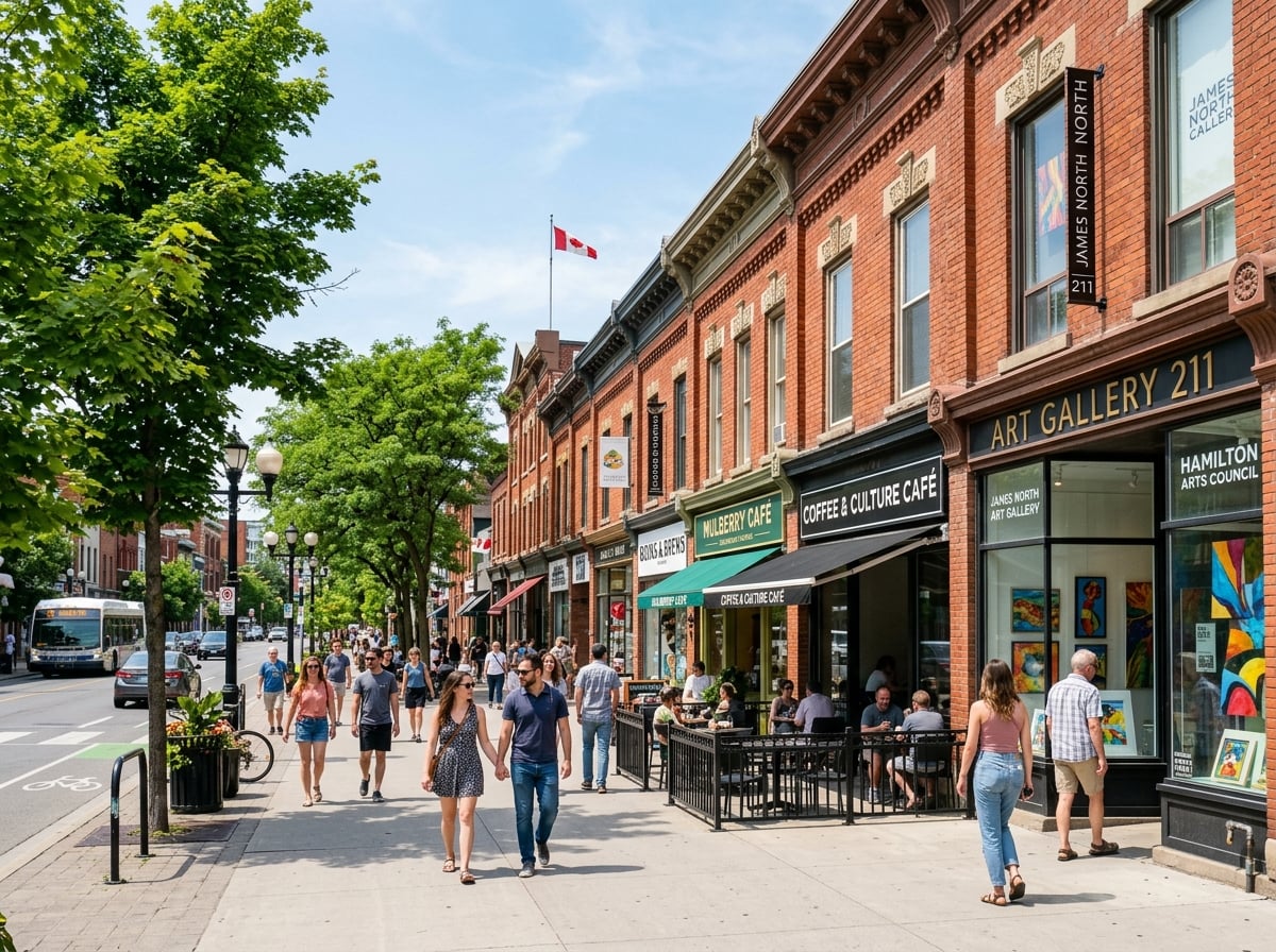 James Street North arts district streetscape with heritage brick storefronts in Downtown Hamilton