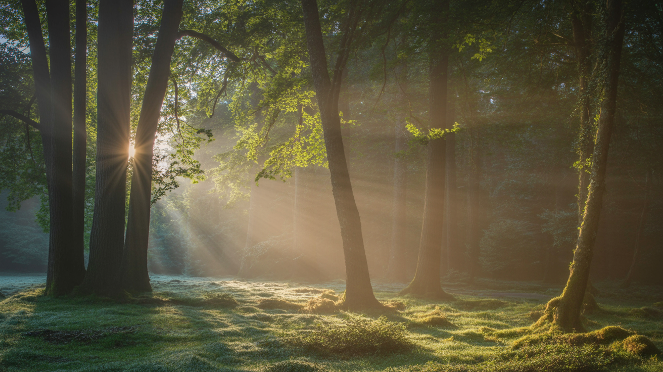 Forest clearing with dappled golden light