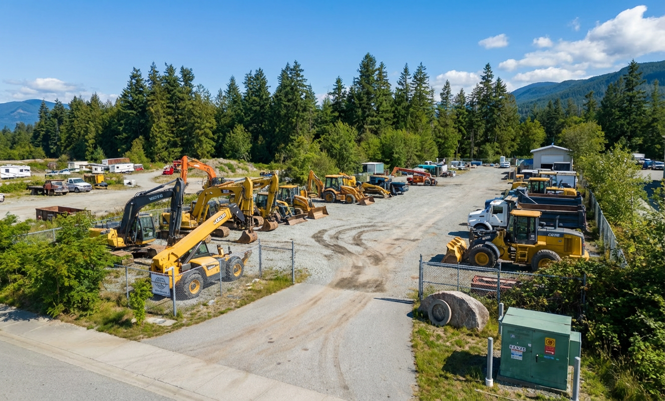 Sparton Equipment yard with excavators, loaders, and heavy machinery