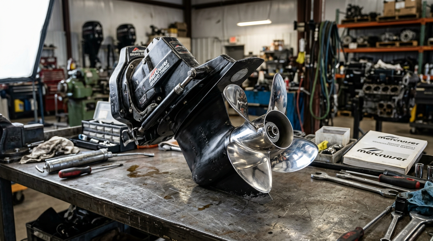 Close-up of a MerCruiser Bravo Three dual counter-rotating propeller sterndrive unit on a workbench in a marine repair shop