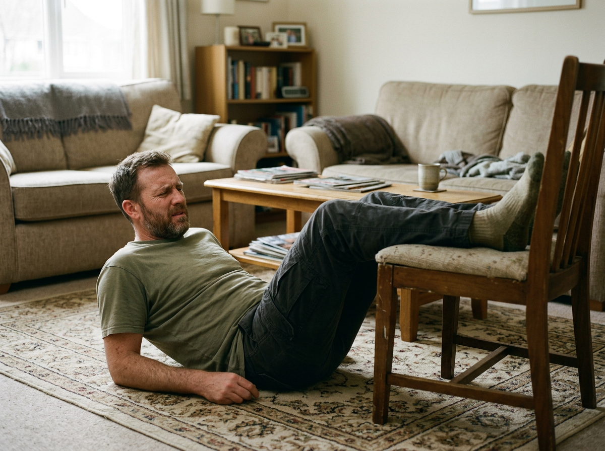 A veteran lying on the floor with legs elevated on a chair, the classic position for sciatica relief from a herniated disc