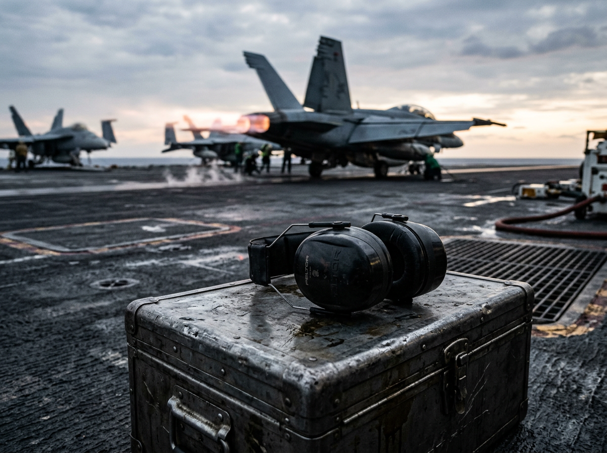 A flight line crew in ear protection beside running aircraft engines