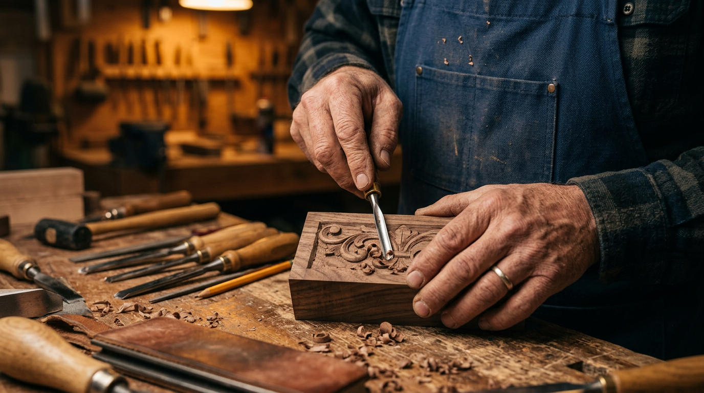 Mãos de artesão trabalhando meticulosamente em madeira representando maestria pelo foco