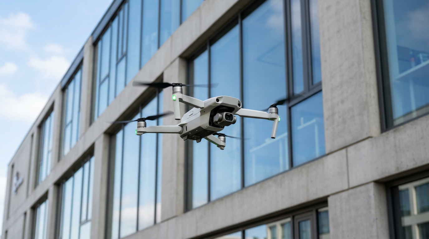 Drone profissional realizando inspeção em fachada de edifício - PERITON ENGENHARIA