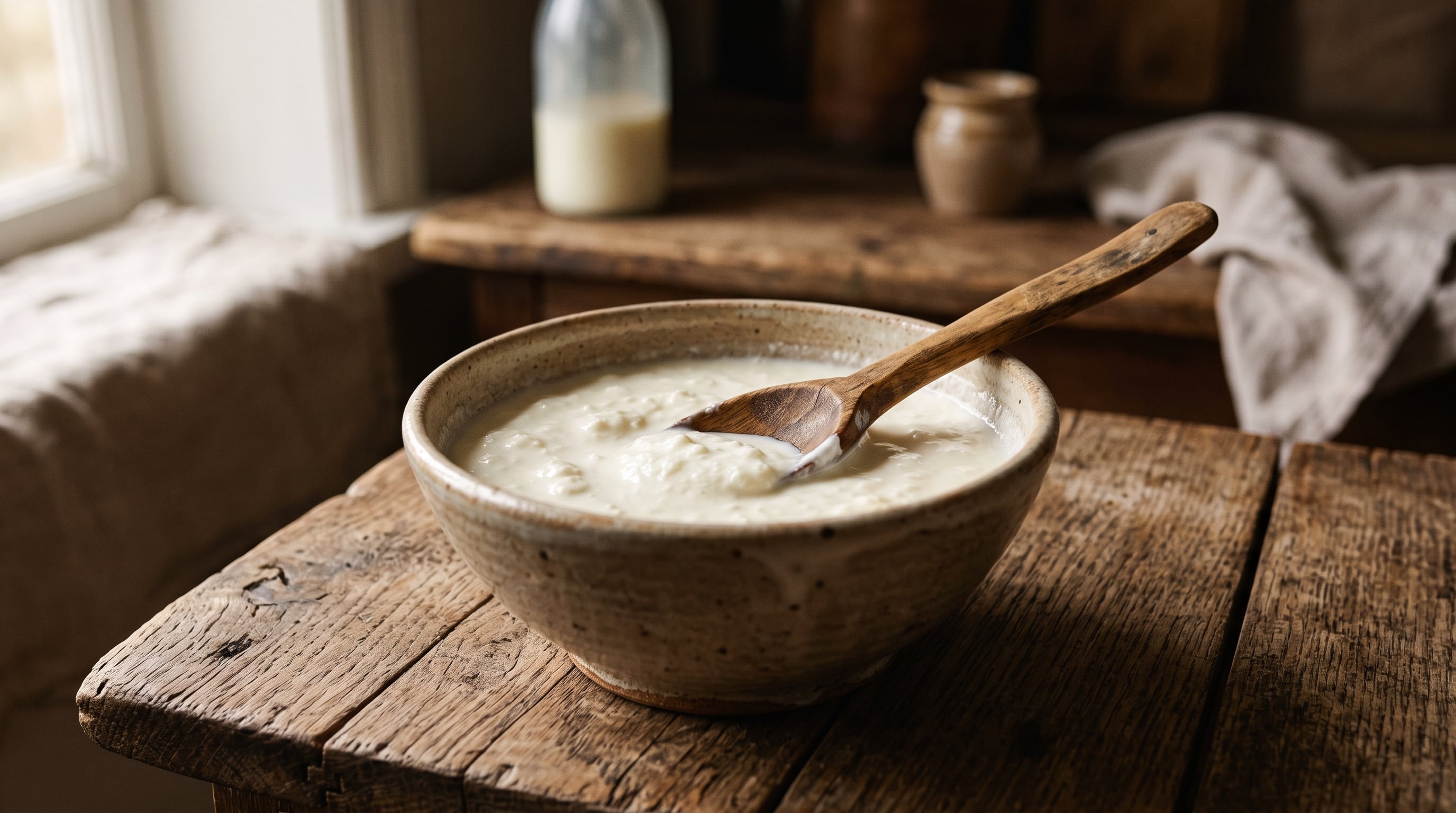 Traditional fermented milk in an earthenware bowl with a wooden spoon on a rustic table