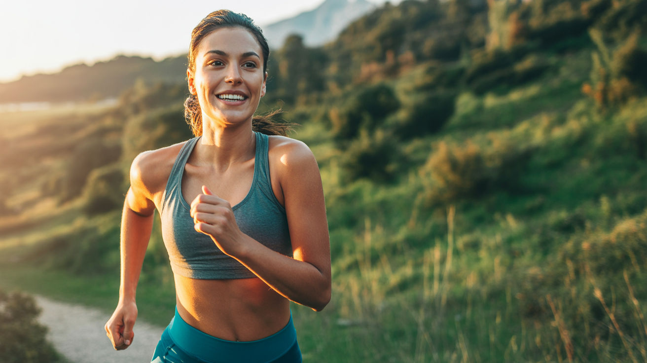 Active healthy woman running outdoors on a scenic trail during golden hour, radiating energy and vitality