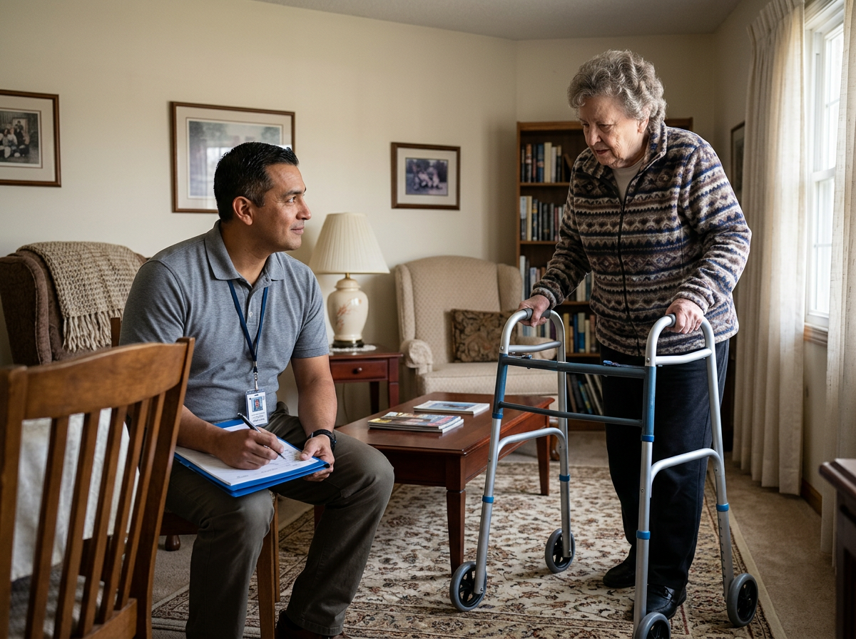 VA clinician conducting in-home housebound assessment observing veteran with walker in living room