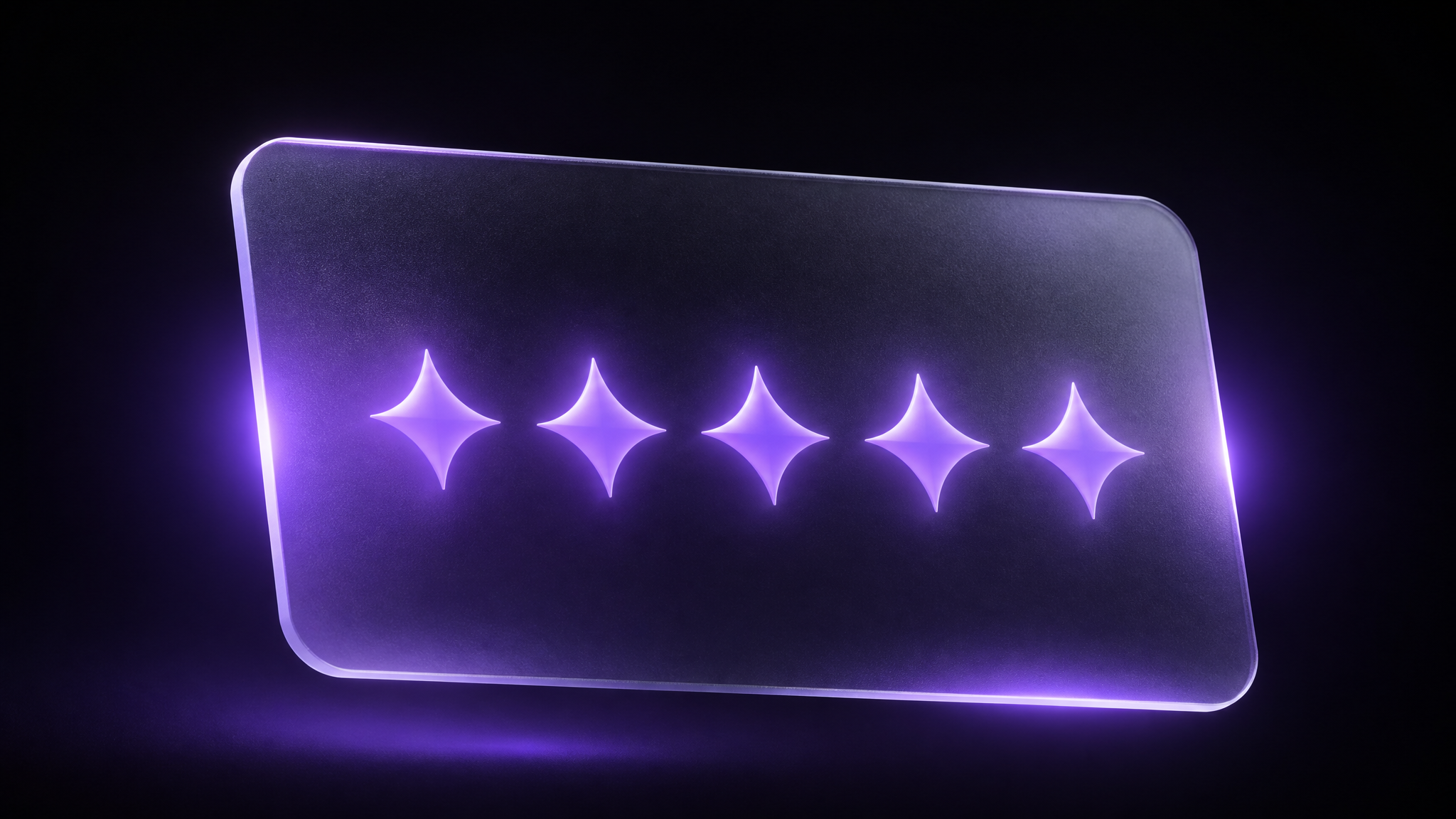 A translucent frosted-glass profile card with a row of five glowing violet stars, in the dark