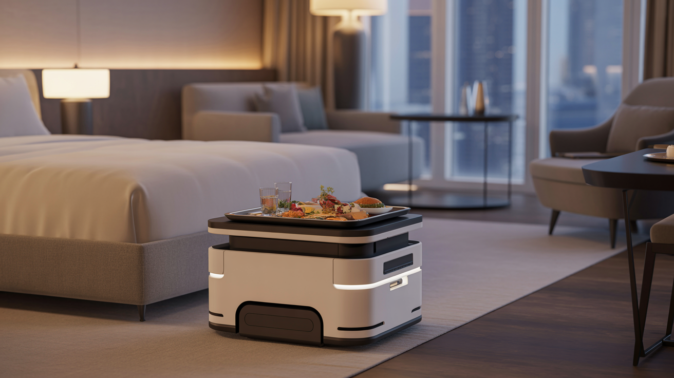 Delivery robot bringing room service to guest