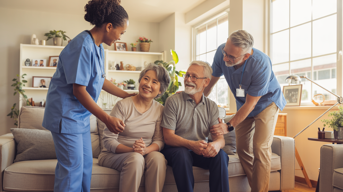 Professional home health care team providing compassionate care to happy elderly patients in a comfortable home setting in Los Angeles