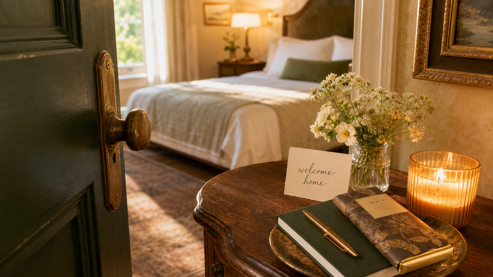 An open door revealing a warm guest room with a branded welcome kit and a note reading welcome home