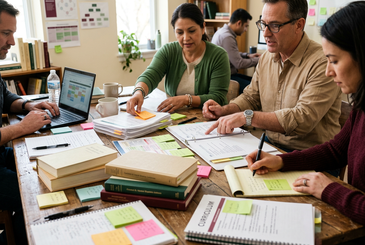 Educational planning session with curriculum documents