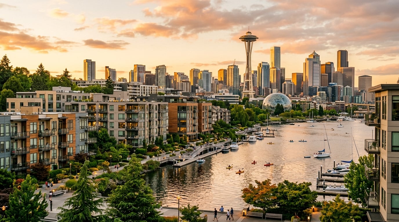 The South Lake Union waterfront in Seattle at golden hour with modern residential buildings, Lake Union, and the Space Needle behind — the neighborhood surrounding Google's Seattle campus