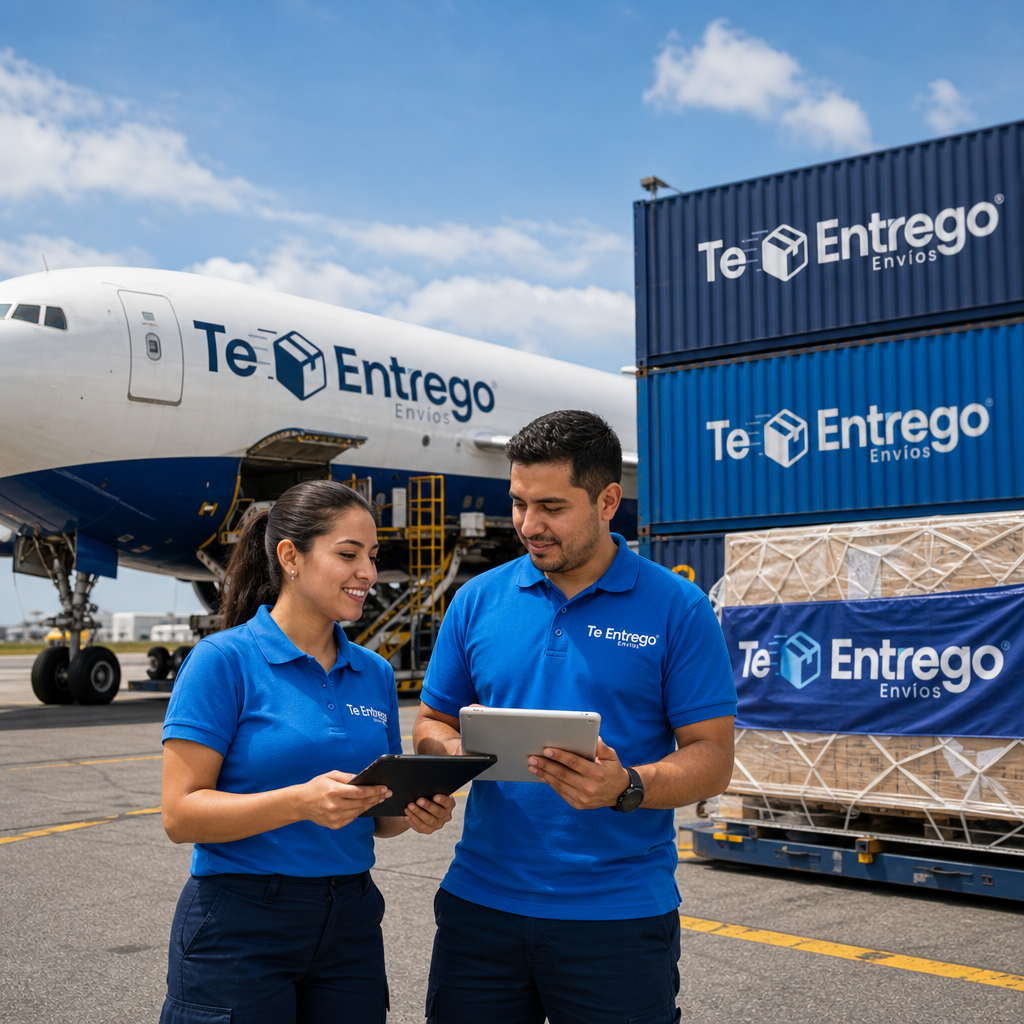 Avión de carga y contenedores con marca Te Entrego para envíos internacionales