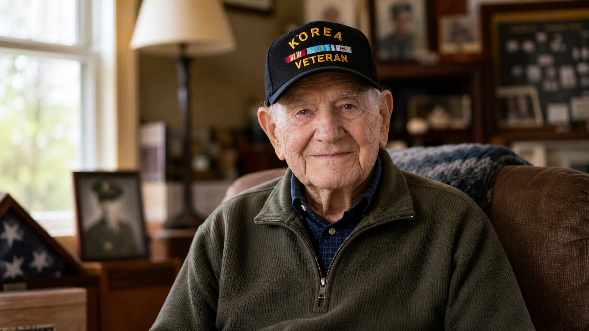 A proud White Korean War veteran in his early 90s wearing a Korea Veteran ball cap at home