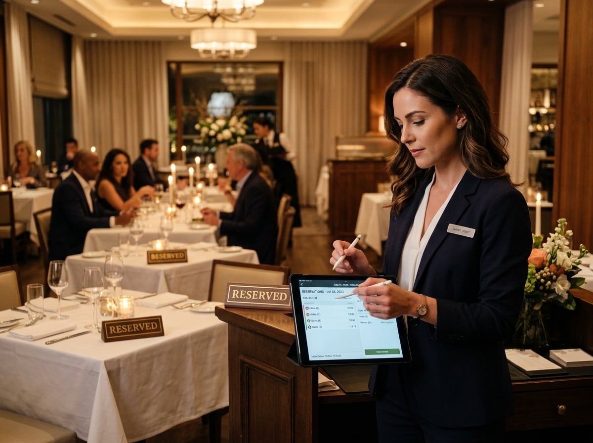 Restaurant host using a tablet booking system