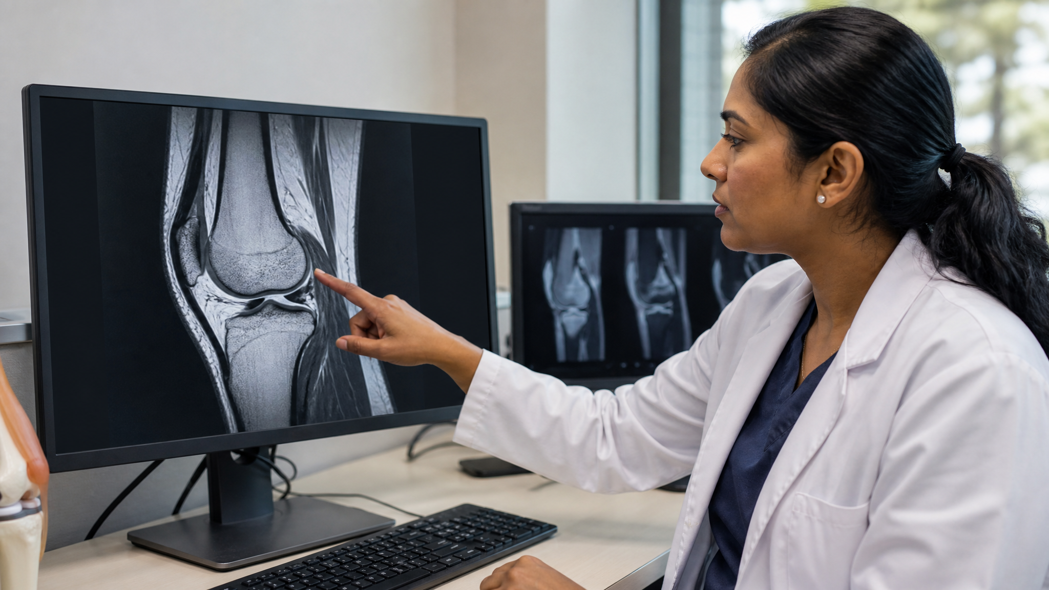 Photograph of a radiologist pointing at a knee MRI on a monitor showing a visible meniscal tear in the joint