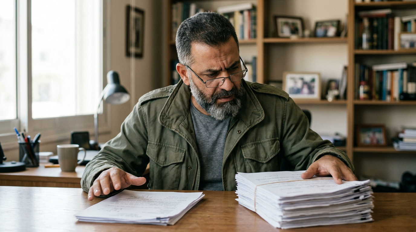 A veteran comparing a thick stack of papers with a much thinner one