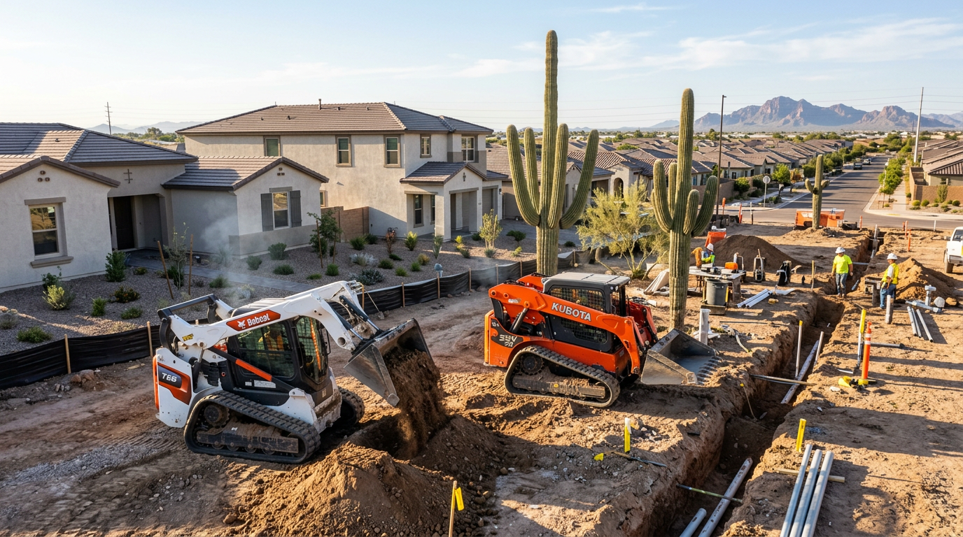 Heavy equipment lined up at a dealer yard in Mesa, Arizona with East Valley desert mountains behind