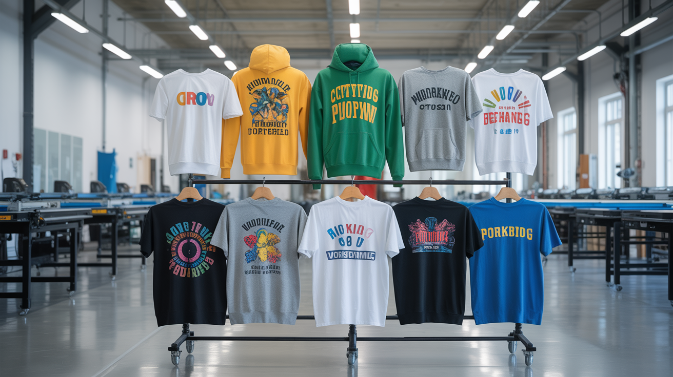 Custom printed t-shirts, hoodies and workwear displayed in StaffsPrint workshop