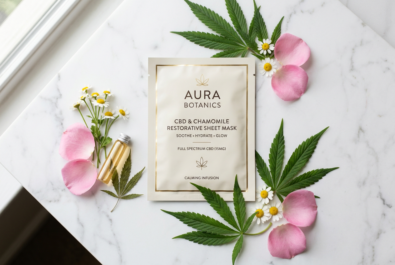 CBD sheet mask product with hemp leaves on marble surface