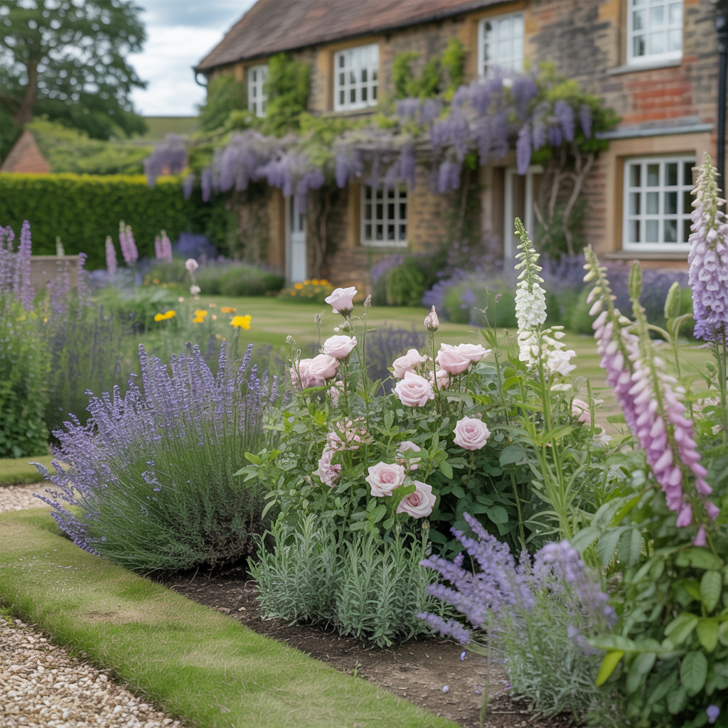 Beautiful English country garden with flower borders