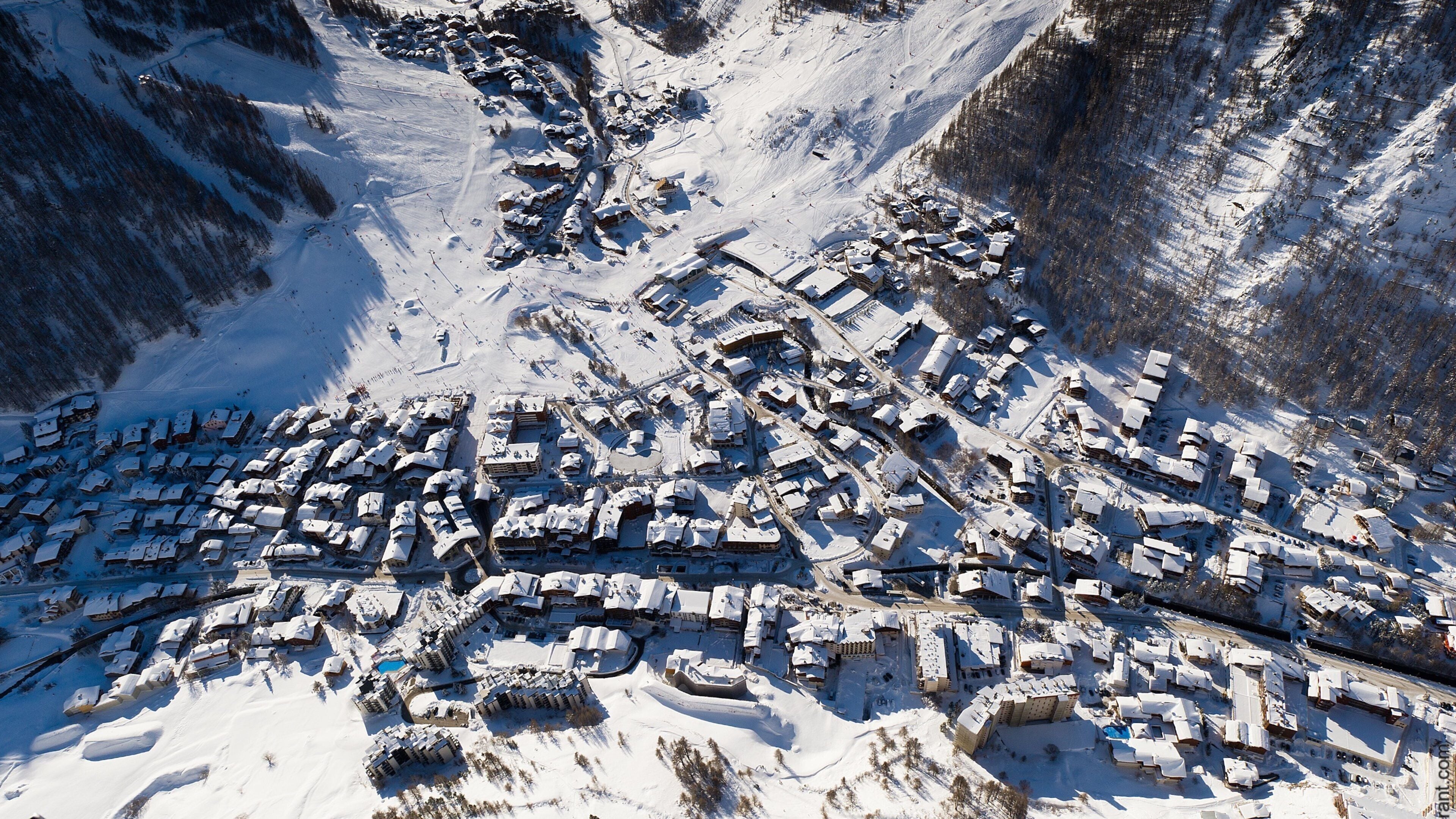 Val d'Isère village nestled in snow-covered French Alps mountains