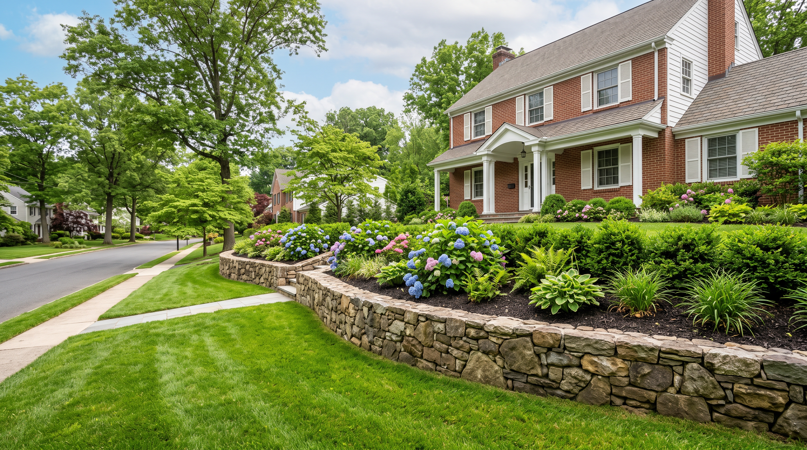 Fieldstone retaining wall at NJ colonial home