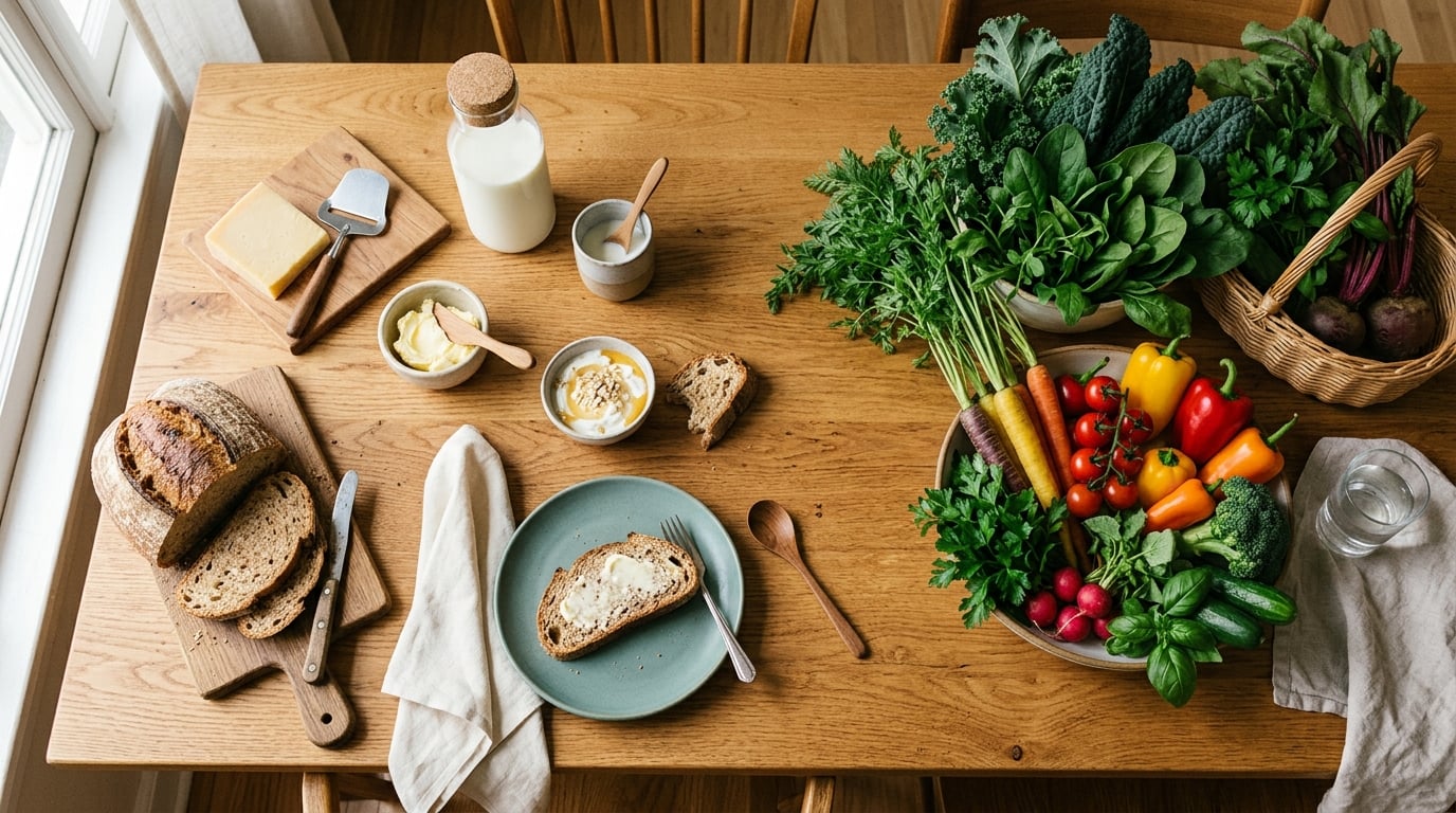 Foods commonly linked to congestion alongside fresh produce, illustrating dietary sinus triggers