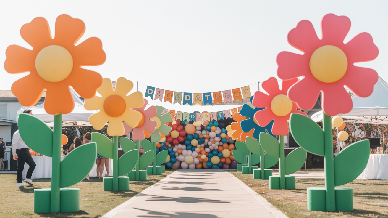 Outdoor graduation party walkway lined with giant freestanding foam flowers