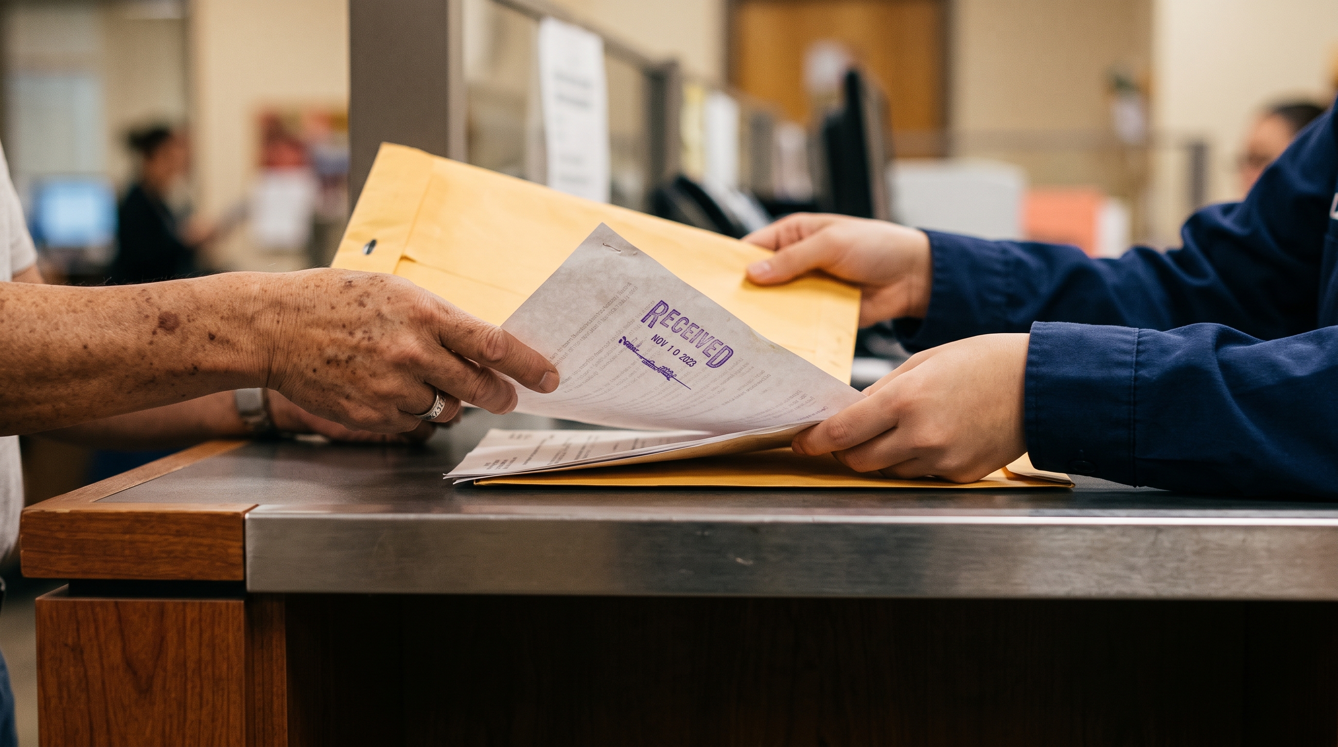 A date-stamped VA claim being handed across a service counter