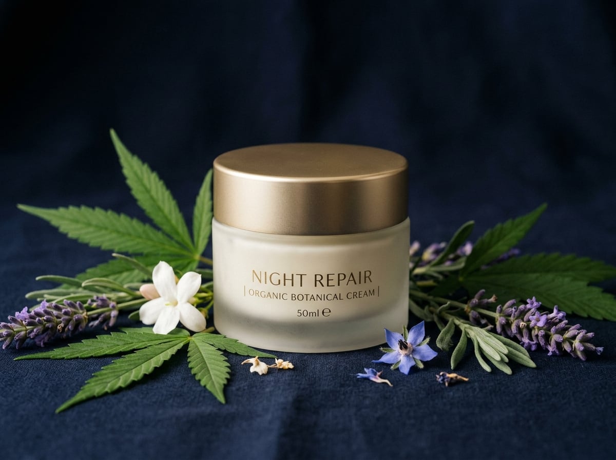 CBD night cream jar with hemp leaves – natural overnight skin renewal