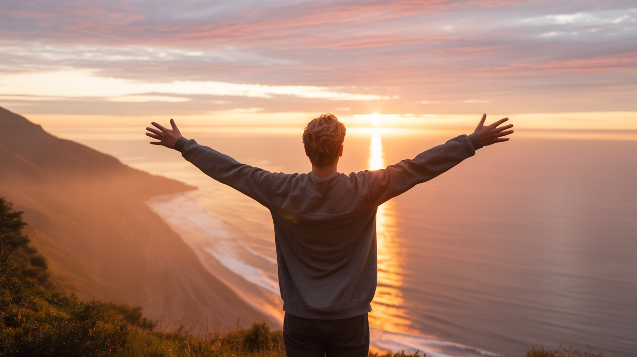 Person standing at sunrise with arms open, embracing a new beginning and personal transformation