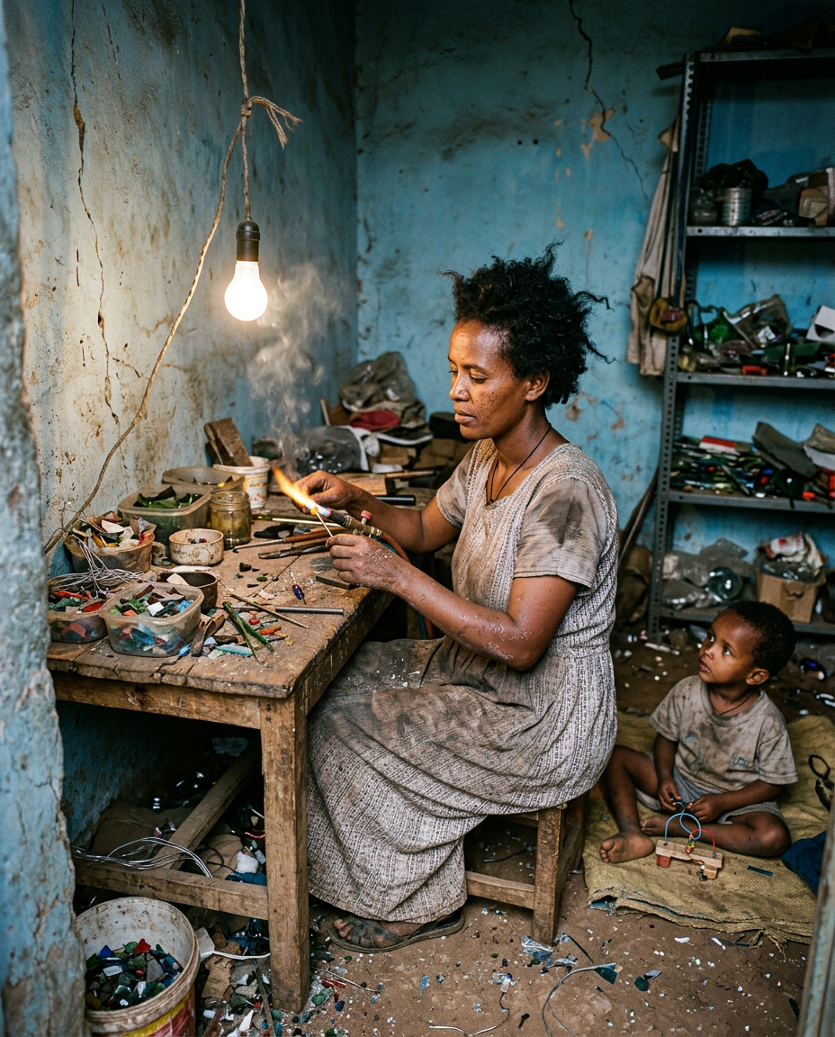 Tigist Haile in her Addis Ababa glass-bead workshop