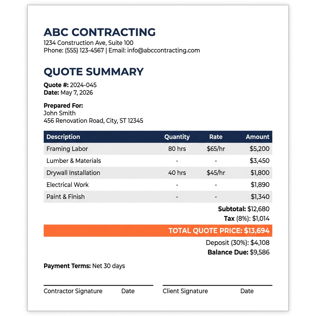 Contractor quote summary spreadsheet preview showing professional client-ready quote output