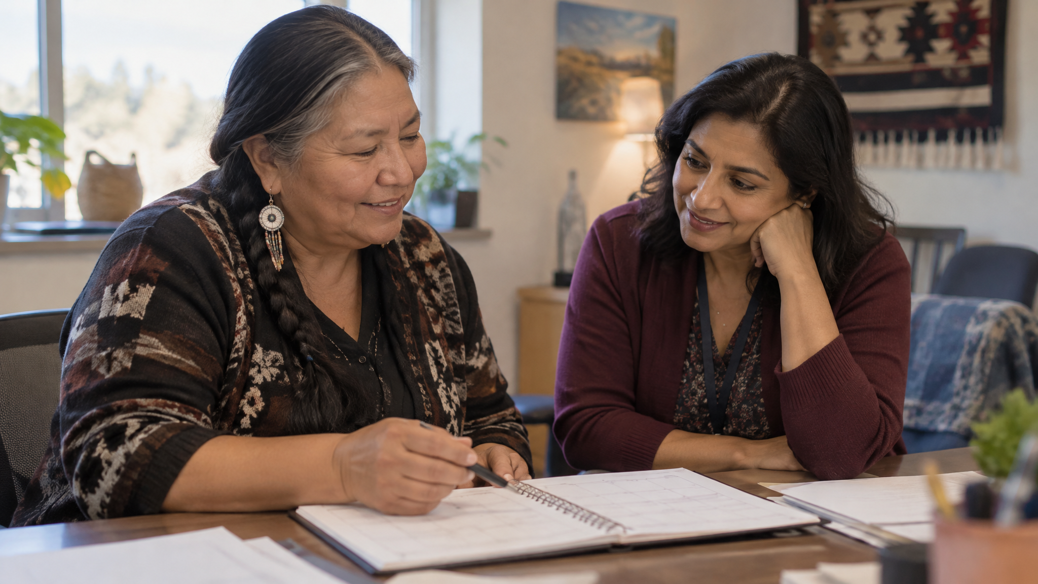 A caregiver and a VA social worker planning respite days together in a clinic office