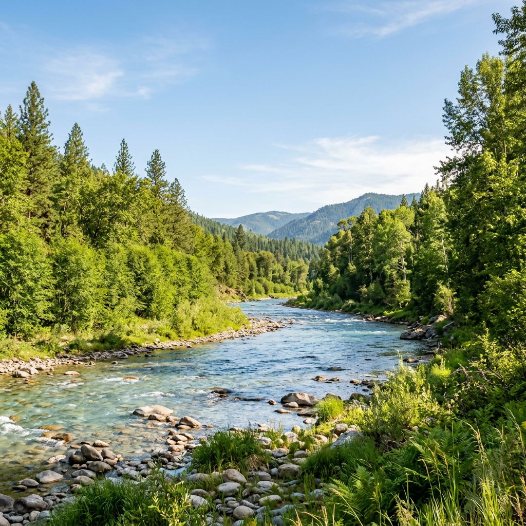 A thriving natural landscape of clean water, lush trees, and open sky