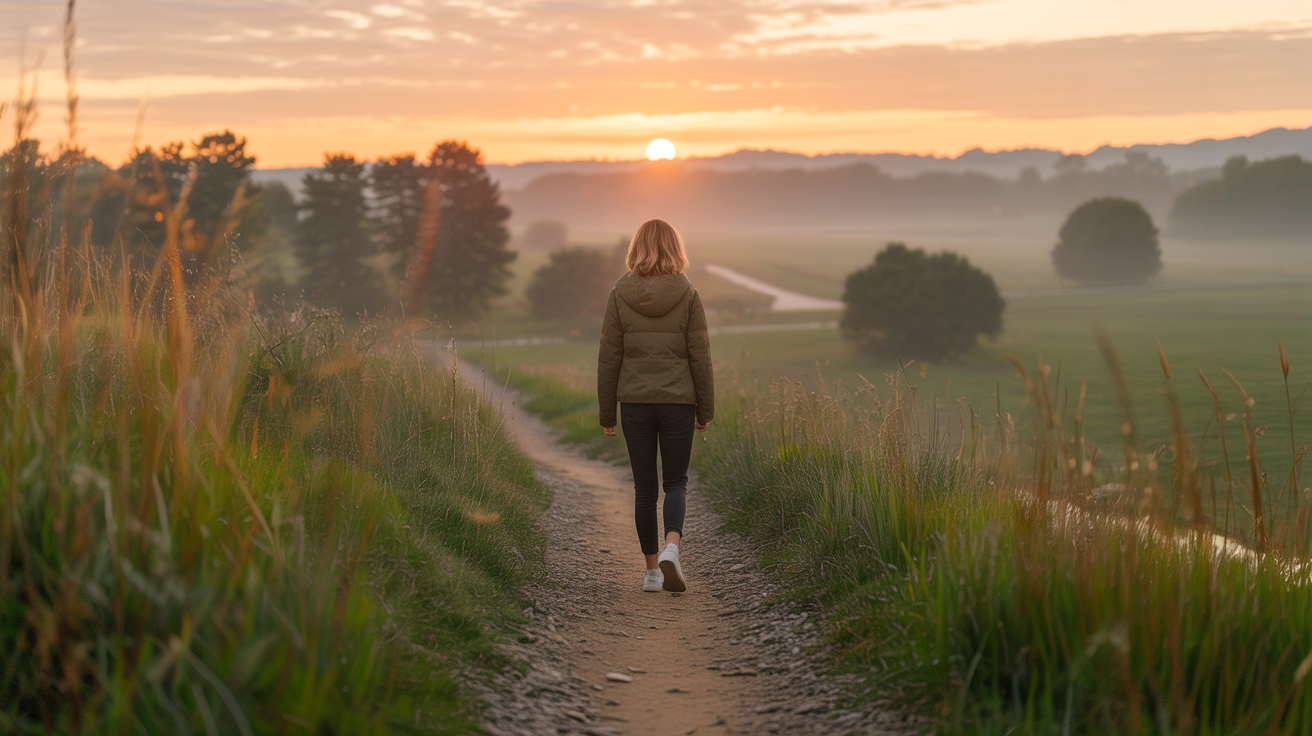 Persona comenzando un camino de bienestar al amanecer