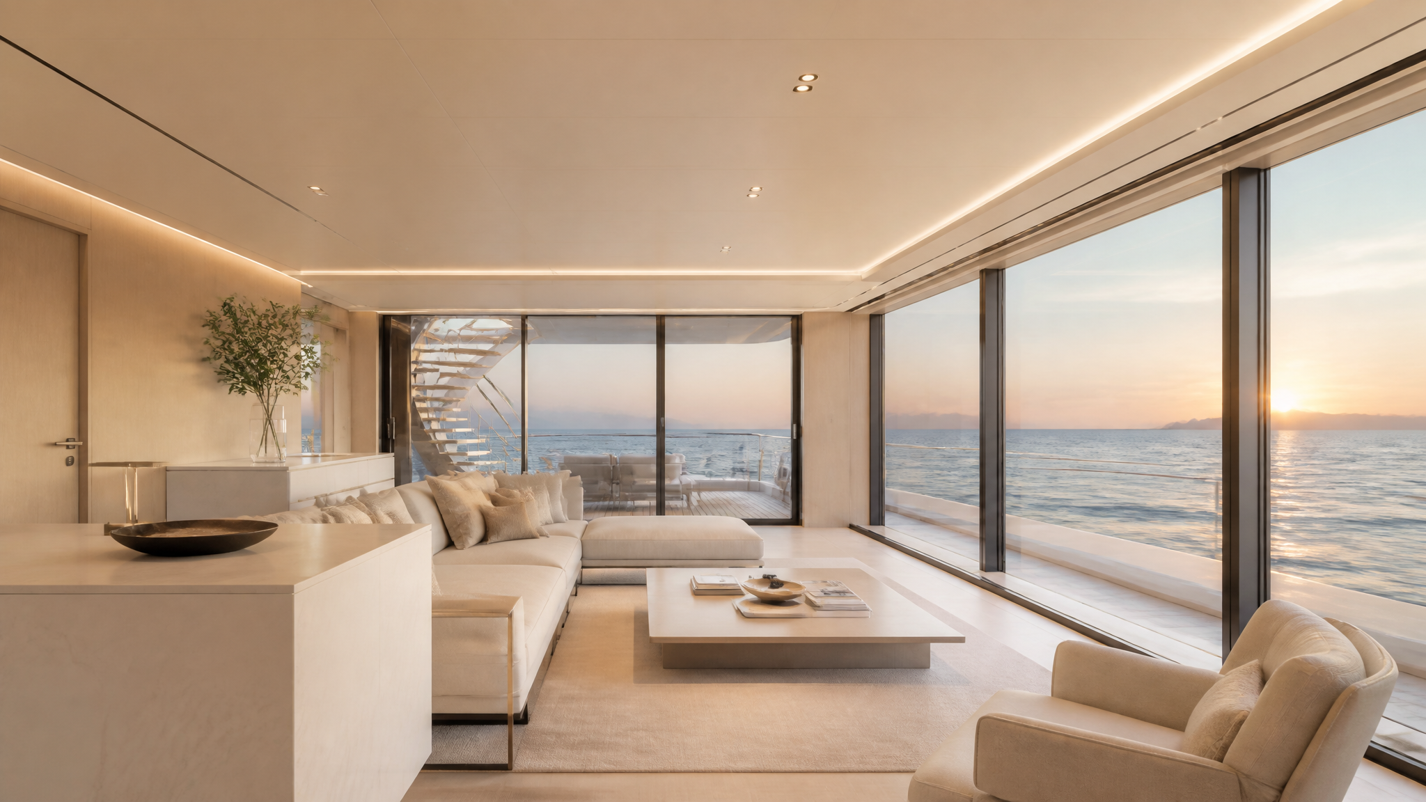Curved yacht deck at golden hour