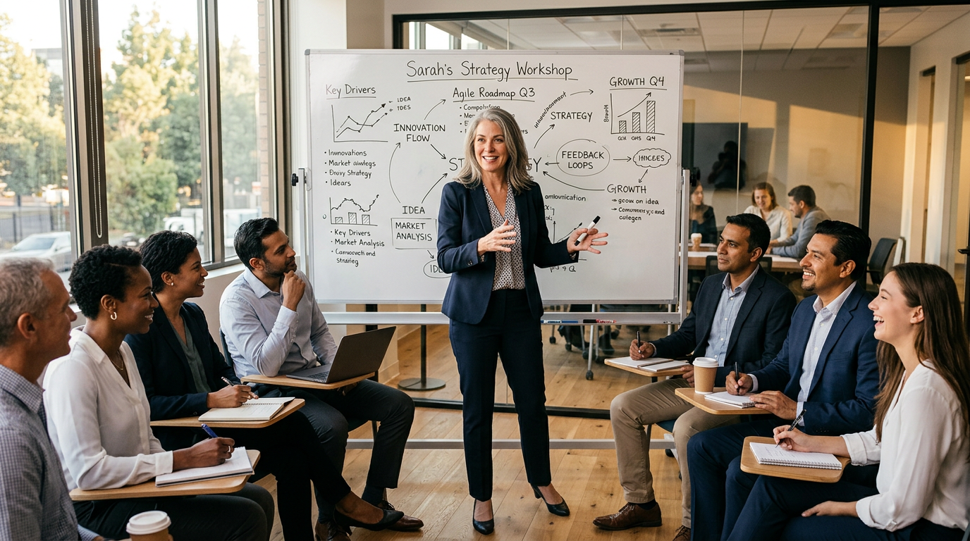 Facilitator at a whiteboard walking an engaged group through a simple plan
