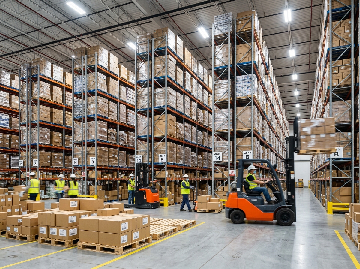 Warehouse interior with tall pallet racking and fulfillment operations