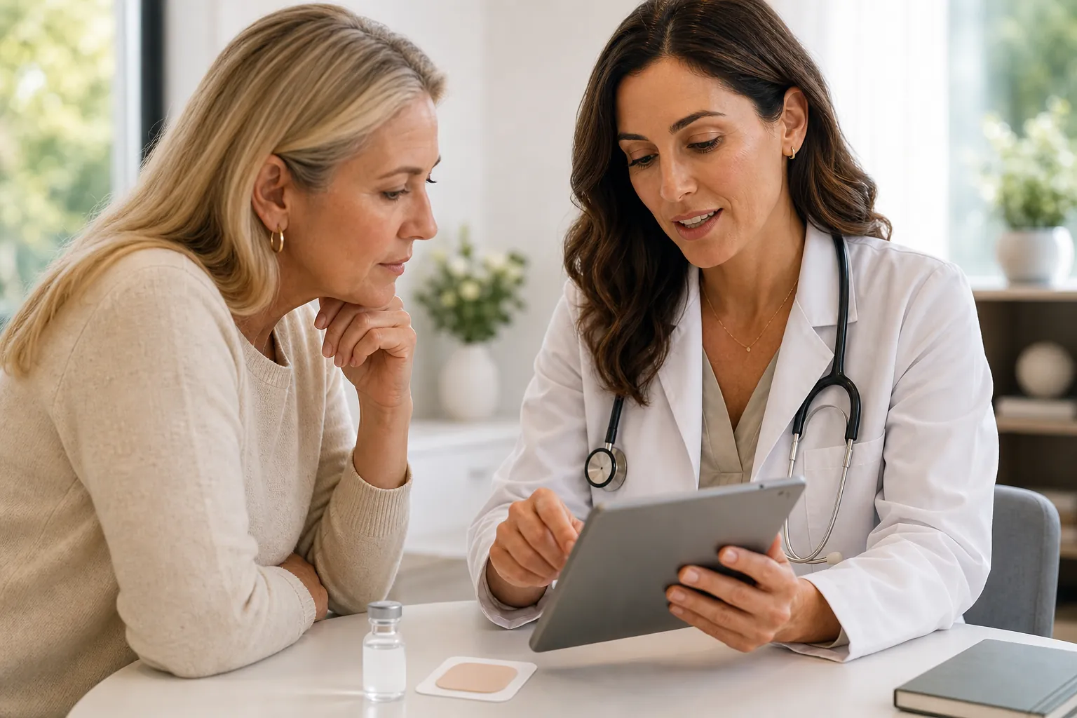A clinician discussing treatment options with a patient across a desk in a clean office with no wall decorations