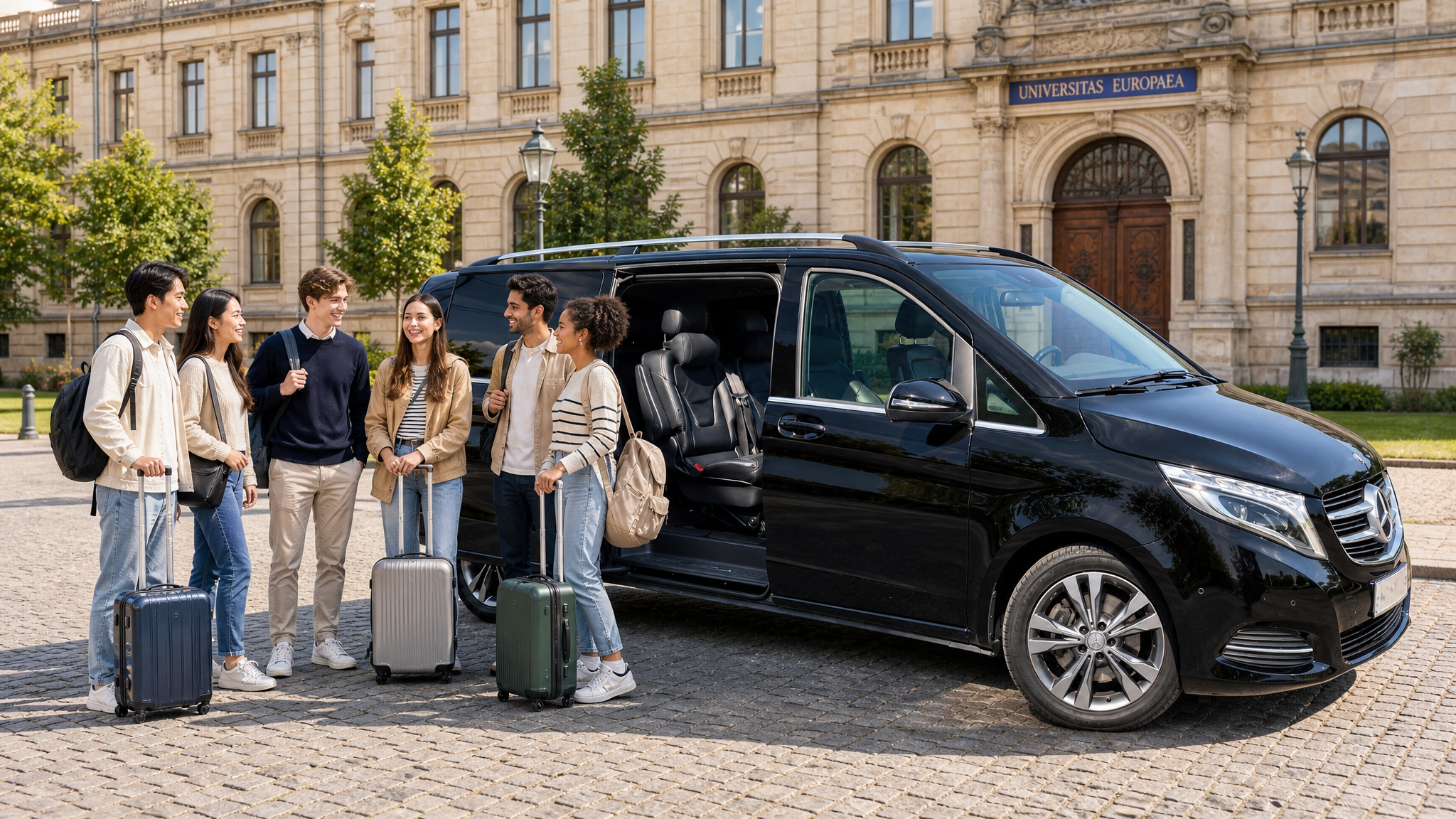 Juodas Mercedes V250 su tarptautine Erasmus+ studentų grupe prie universiteto