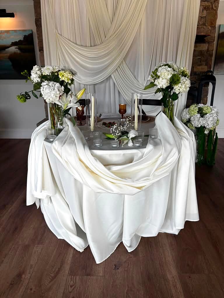 Draped Sweetheart Table with White Florals