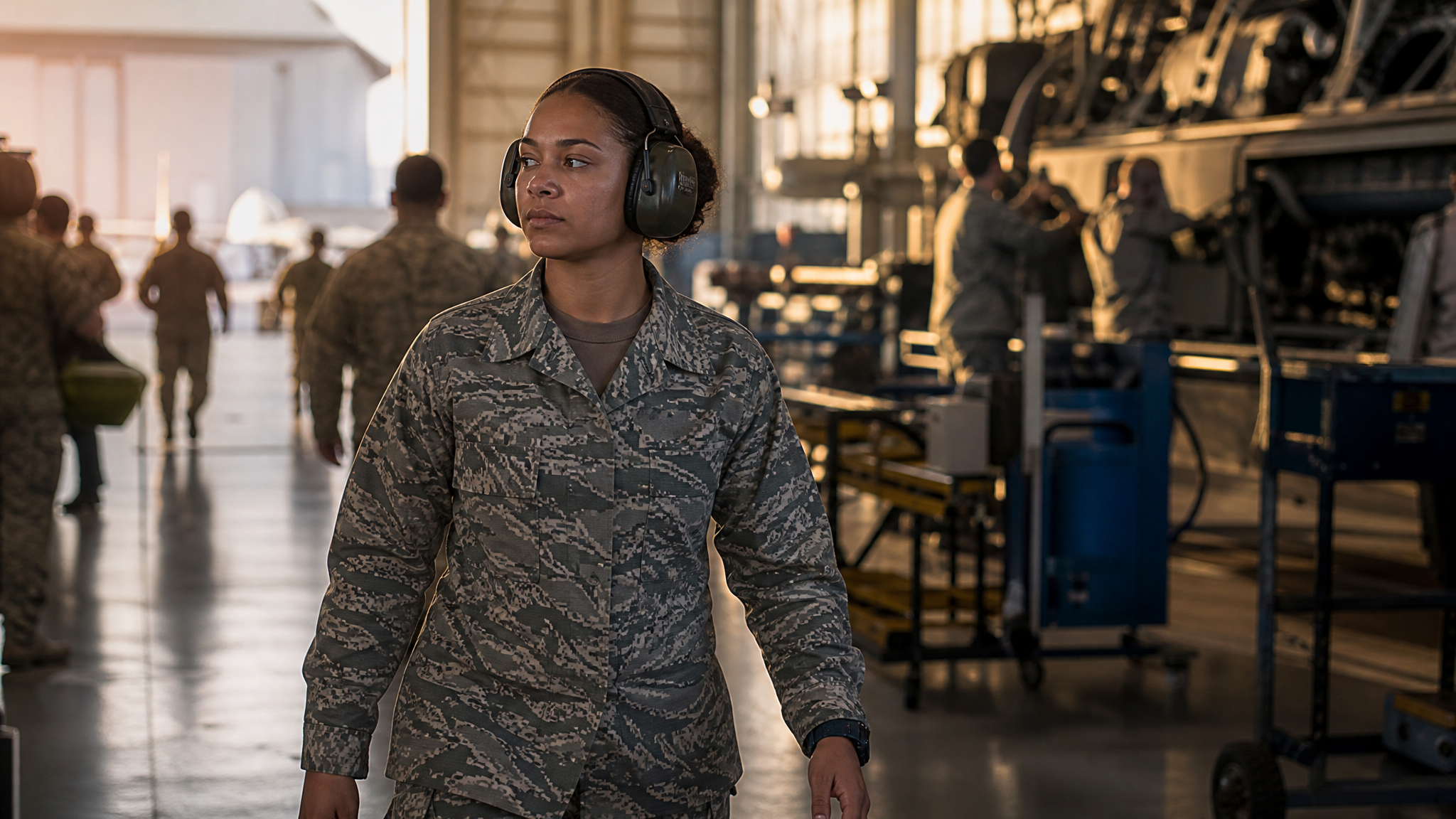 A woman service member protected from cumulative everyday military noise