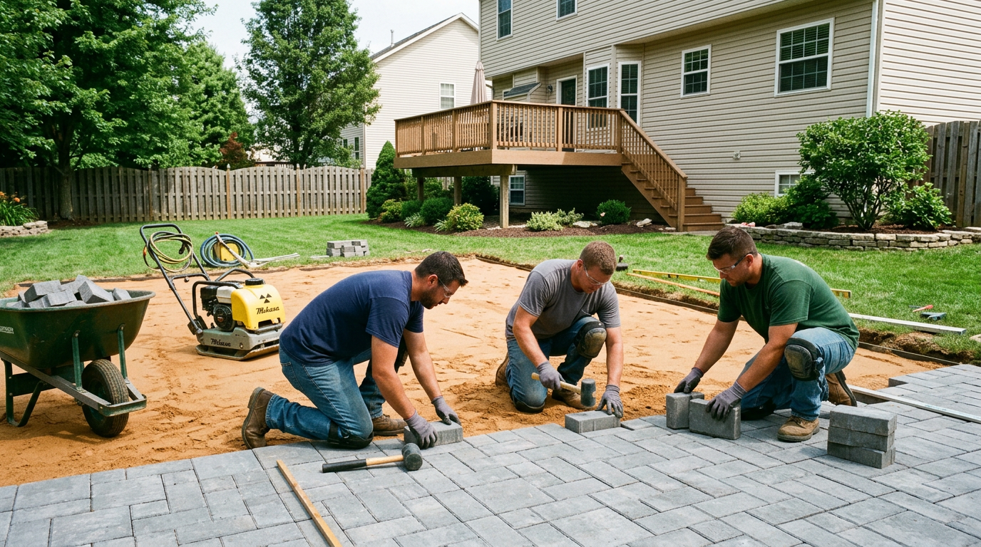 Crew installing paver patio in NJ backyard