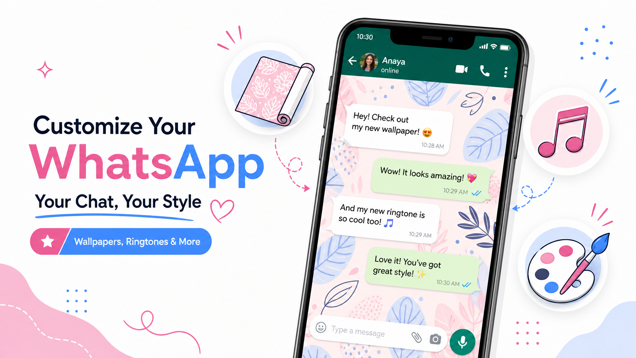 Pantalla de WhatsApp personalizada con fondo de chat, colores y elementos de estilo sobre fondo claro