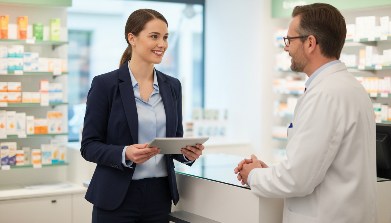 Pharmaceutical field sales representative visiting a pharmacy in Germany