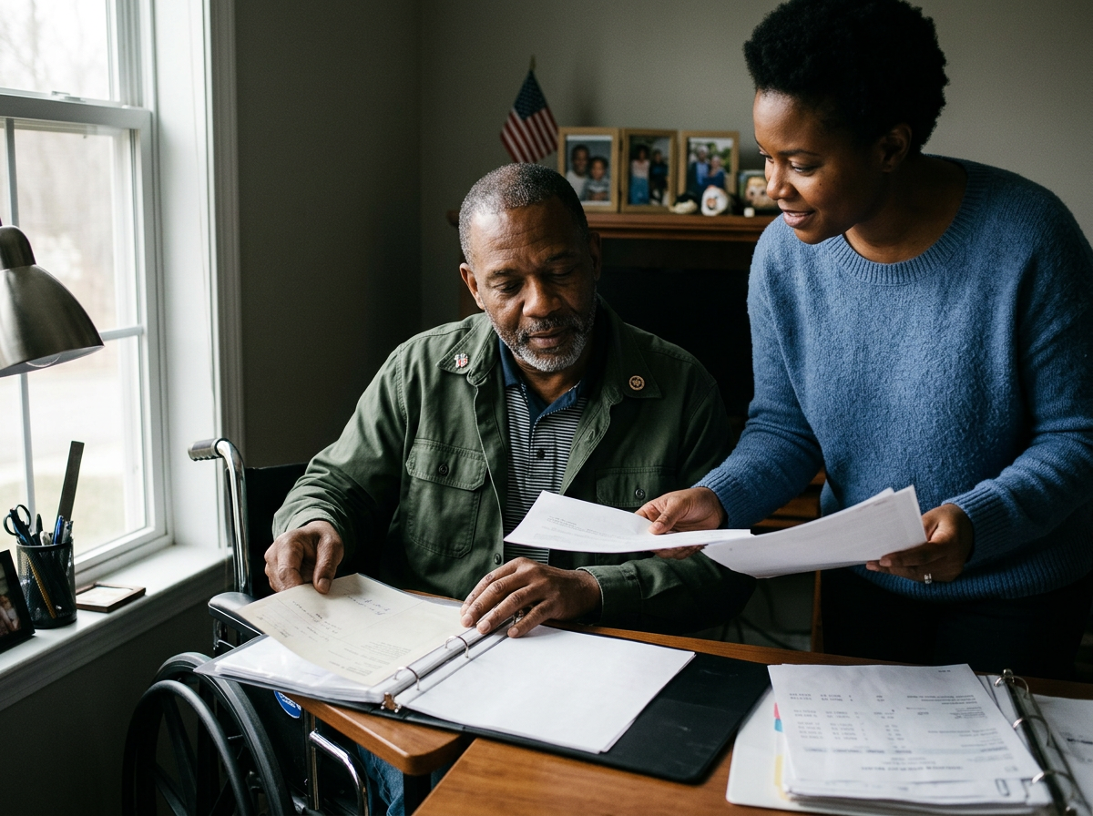 Veteran using a wheelchair organizing medical records into a binder with his wife